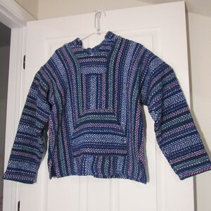 BAJA JOE Blue Thick Poncho Hoodie Striped Sweather, Unisex Adult, Size: Large